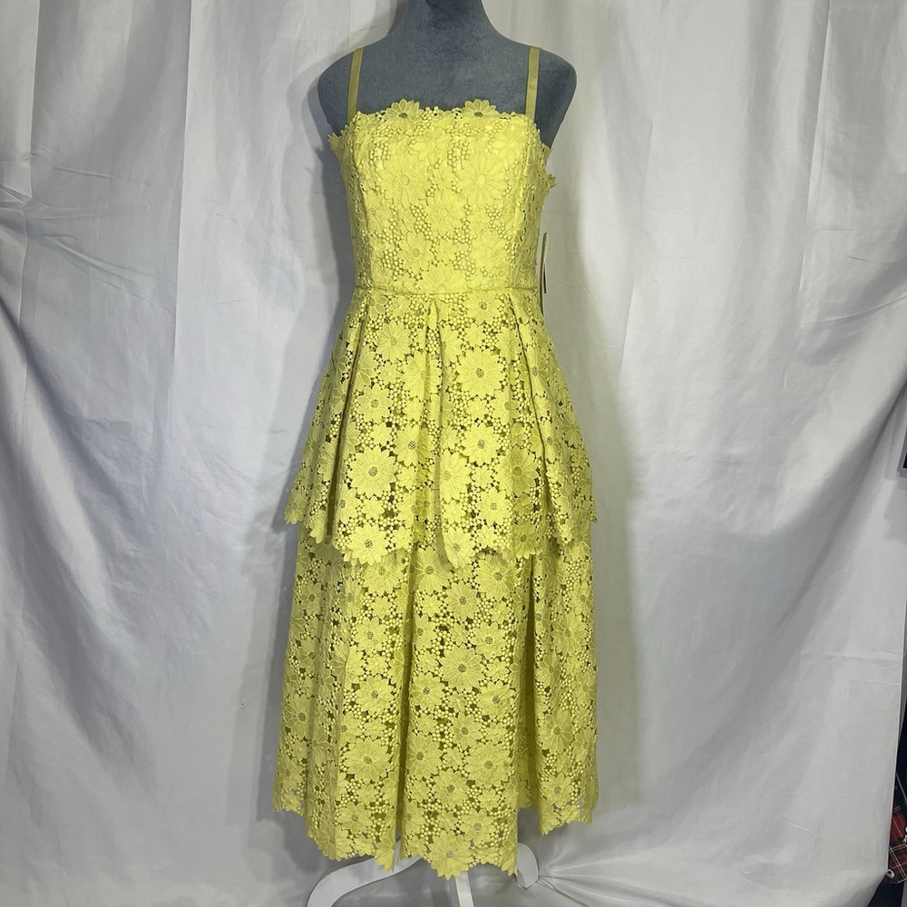 Anthropologie Maeve Tiered Lace Eyelet Dress Chartreuse Yellow Sz 8 Midi Flowy - Picture 2 of 16